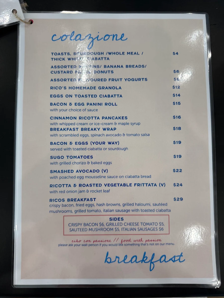 Menu, Rico's Italian restaurant