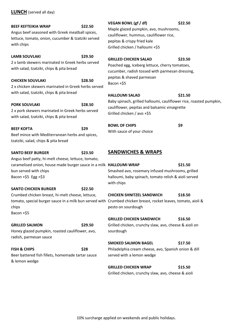 Menu, Santo Cafe & Restaurant