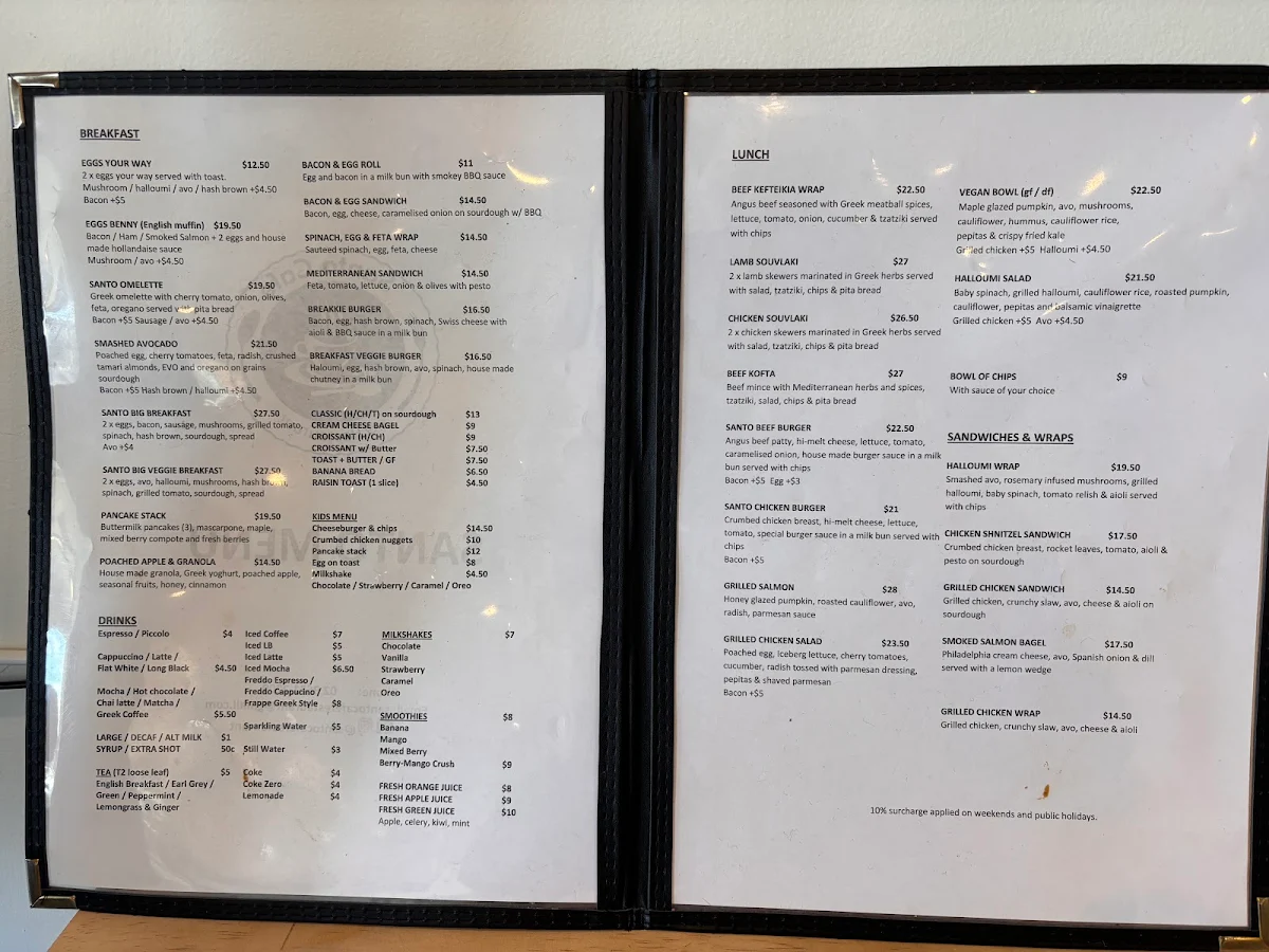 Menu, Santo Cafe & Restaurant
