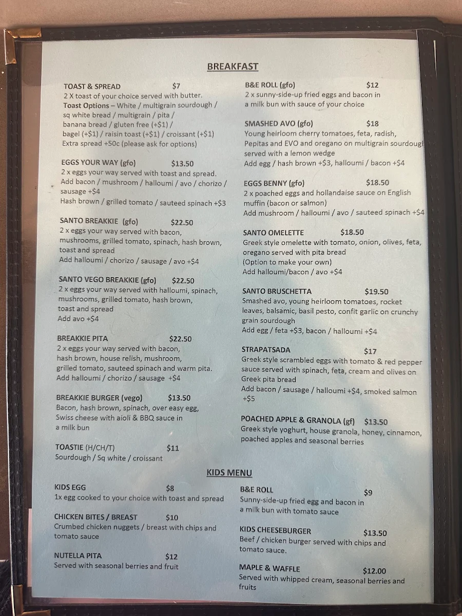 Menu, Santo Cafe & Restaurant