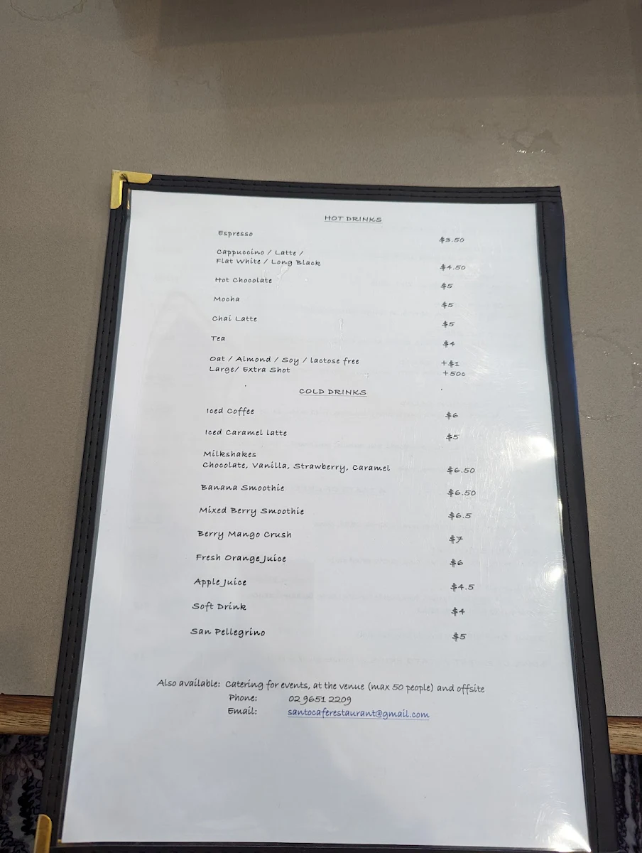 Menu, Santo Cafe & Restaurant