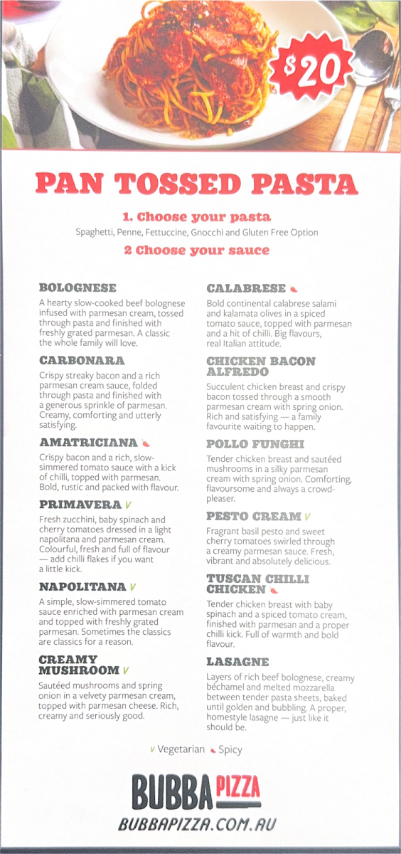 Menu, Bubba Pizza