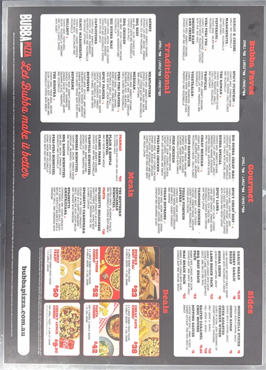 Menu, Bubba Pizza