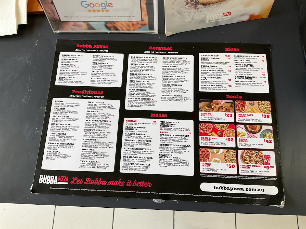 Menu, Bubba Pizza