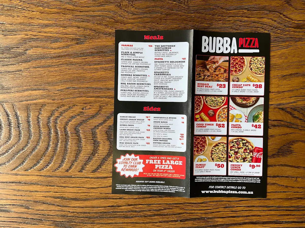 Menu, Bubba Pizza