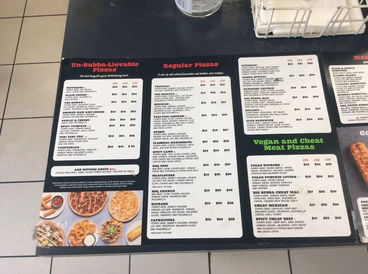 Menu, Bubba Pizza