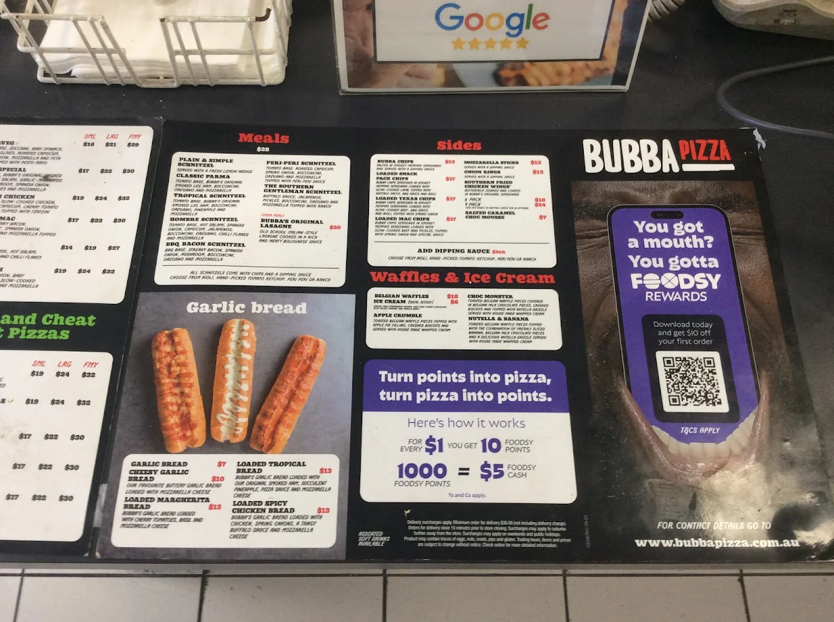 Menu, Bubba Pizza