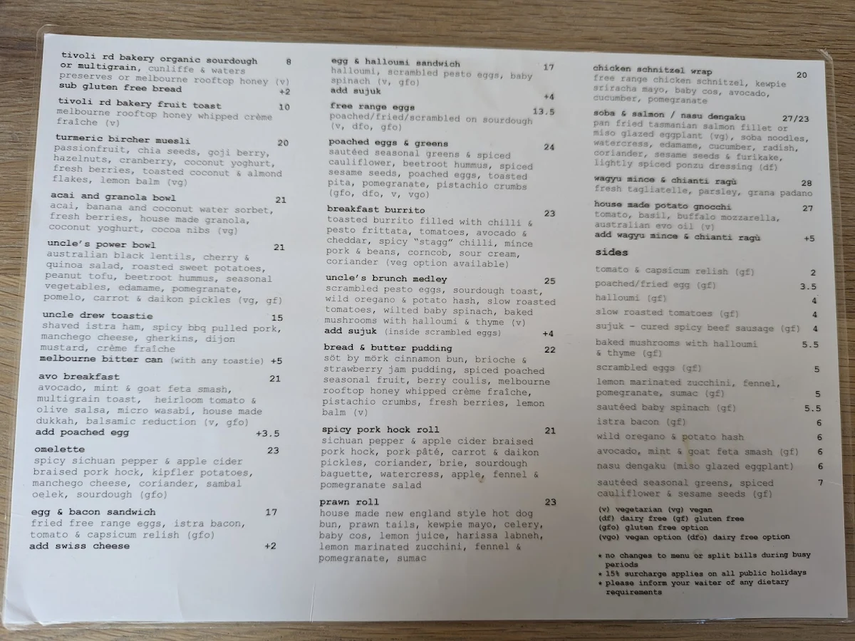 Menu, Uncle Drew Cafe