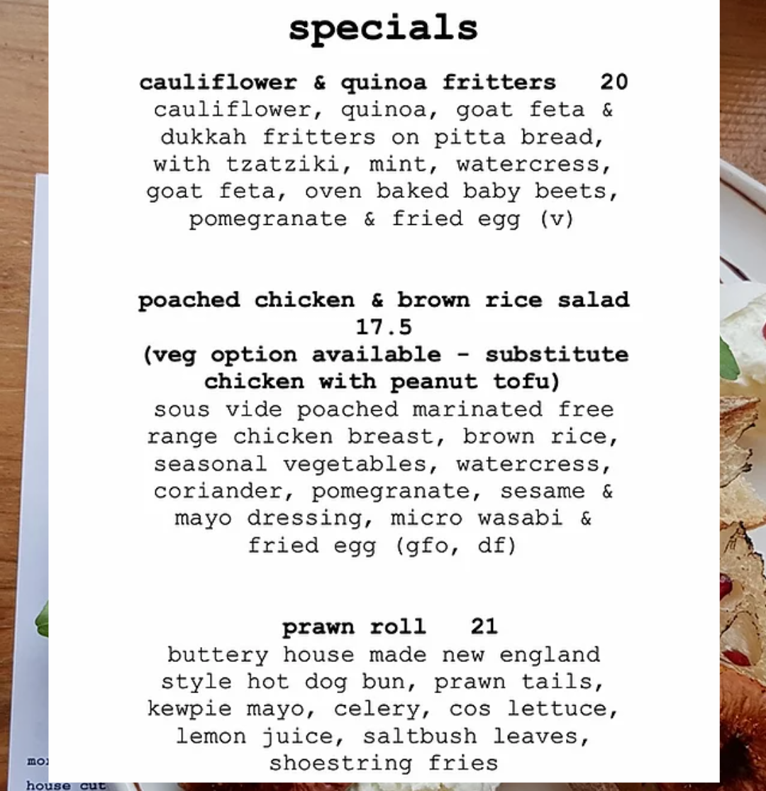Menu, Uncle Drew Cafe