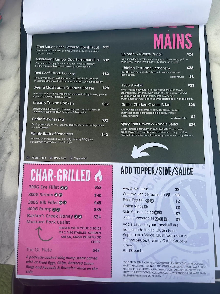 Menu, The Queensland Hotel