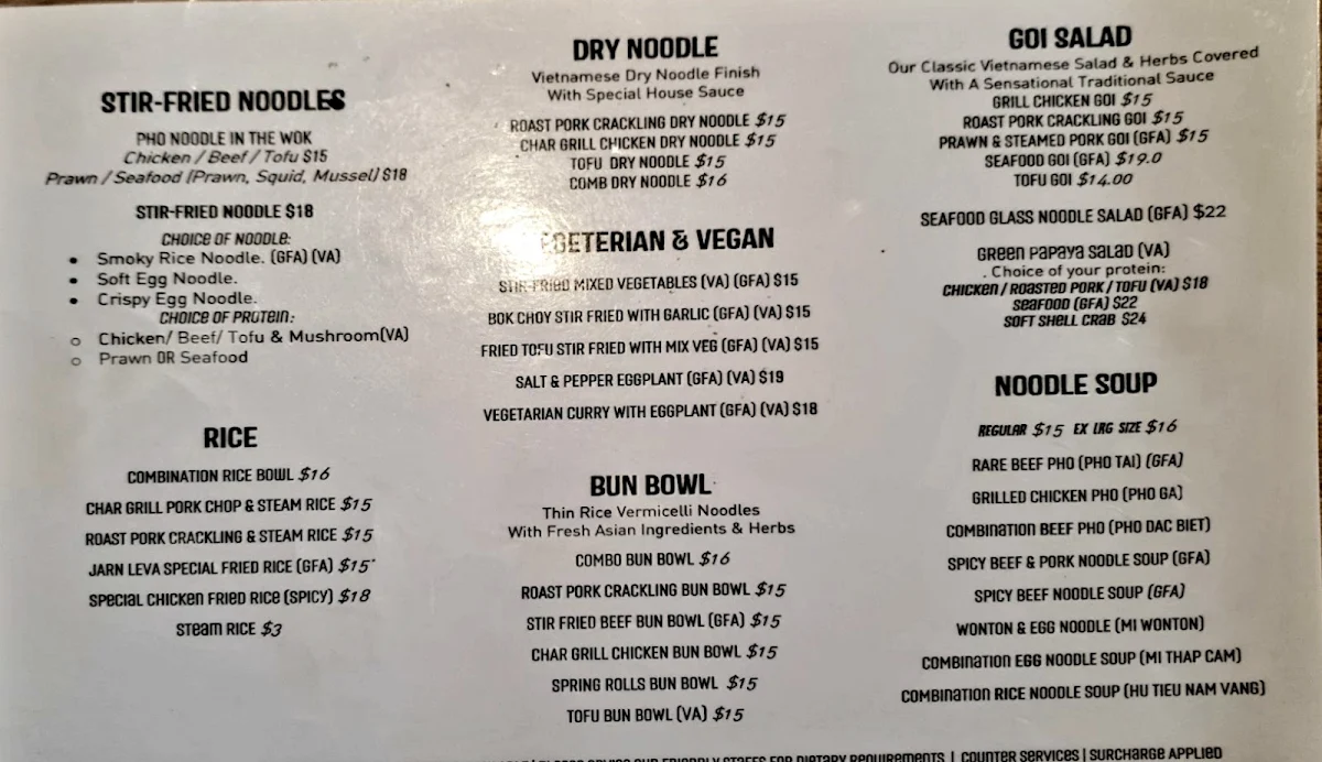 Menu, Jarn Leva Vietnamese