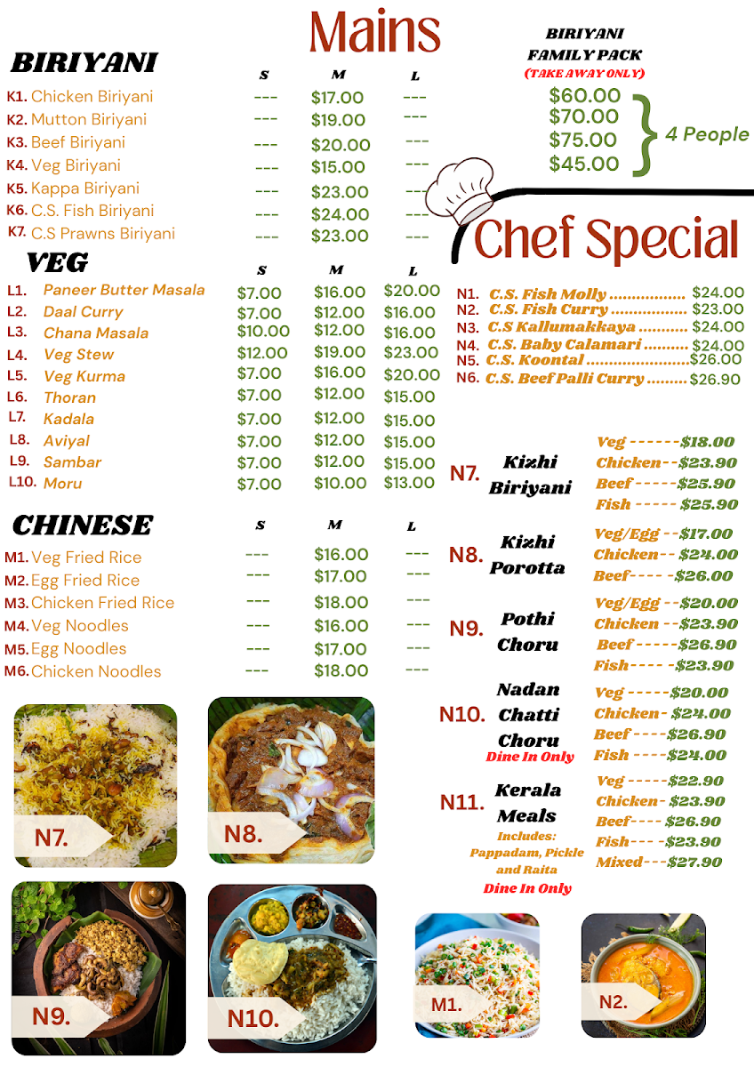 Menu, Kerala Kitchen