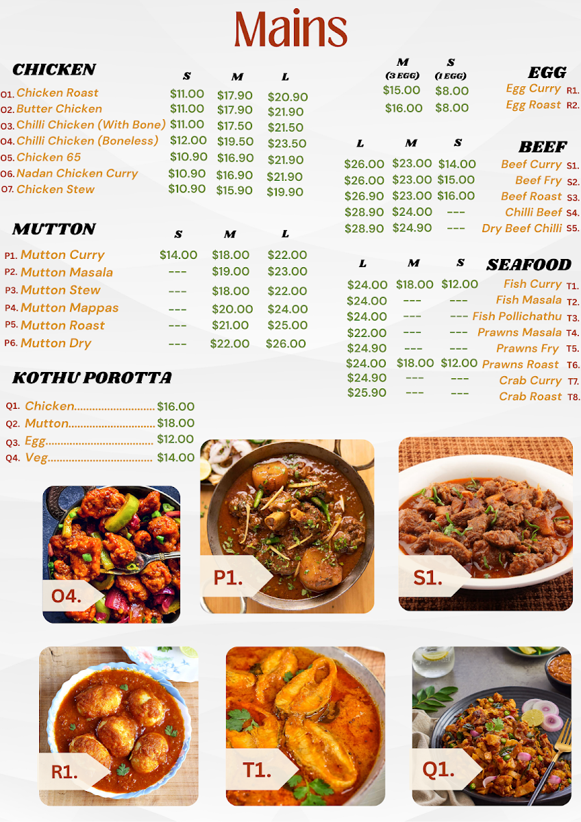 Menu, Kerala Kitchen