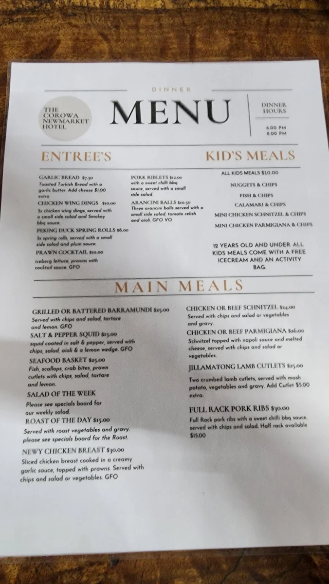 Menu, Newmarket Hotel