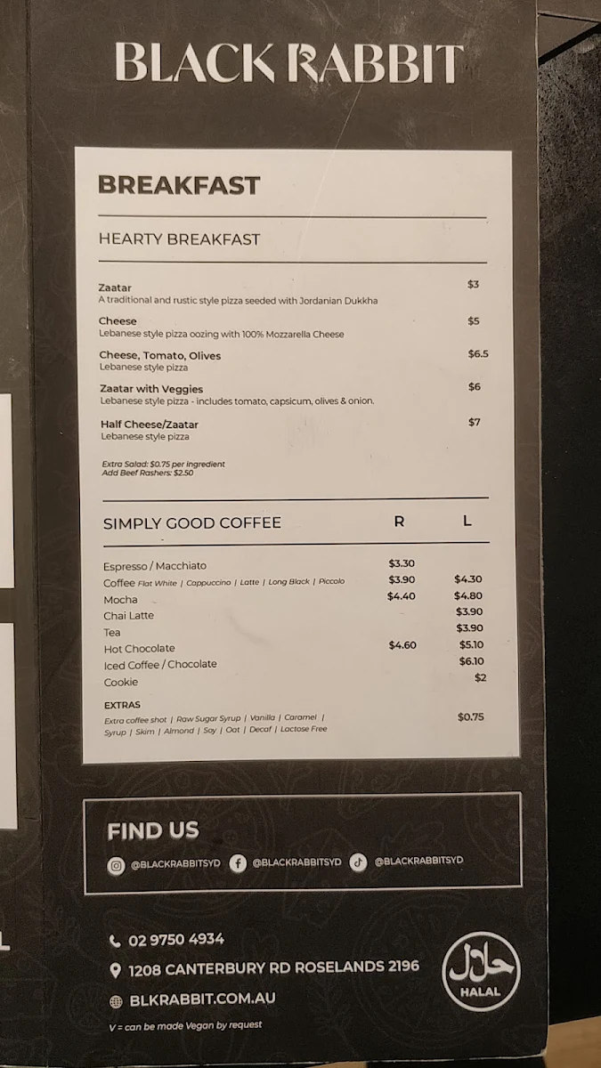 Menu, Black Rabbit