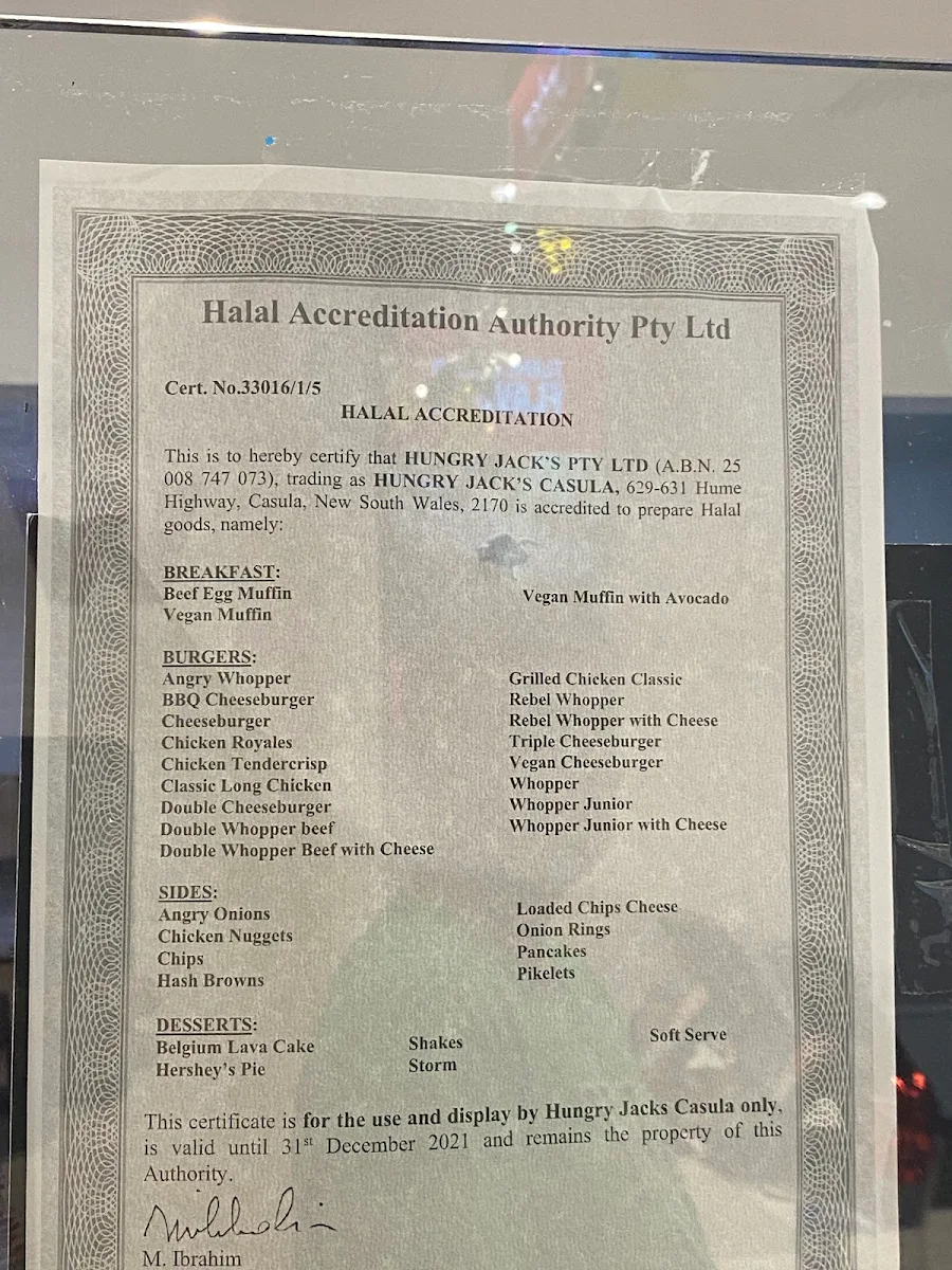 Menu, Hungry Jack's Burgers Casula