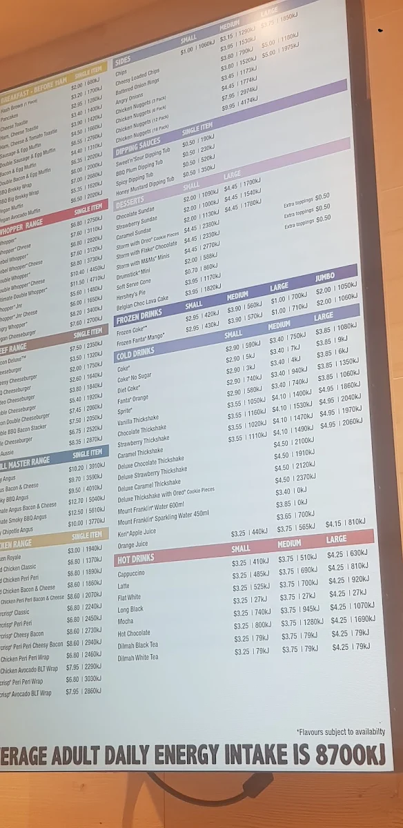 Menu, Hungry Jack's Burgers Casula