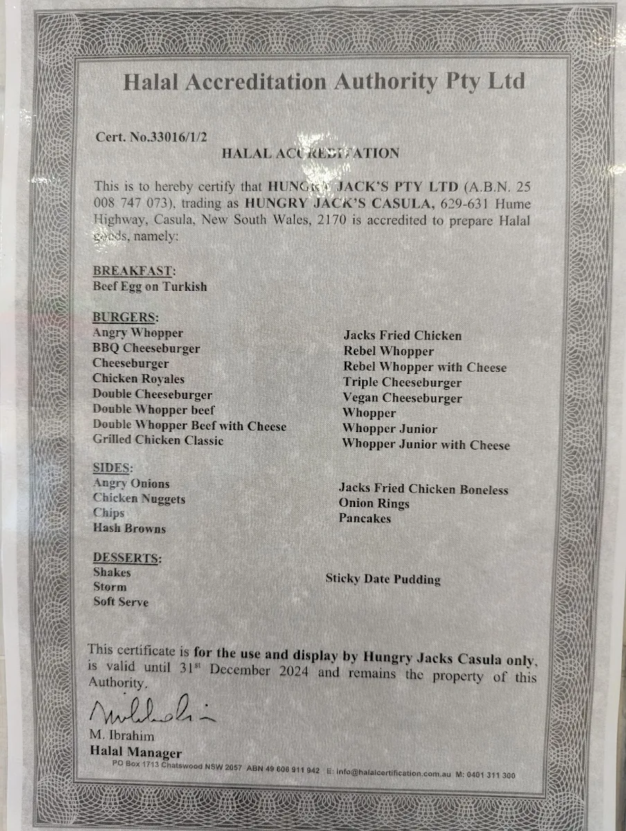 Menu, Hungry Jack's Burgers Casula