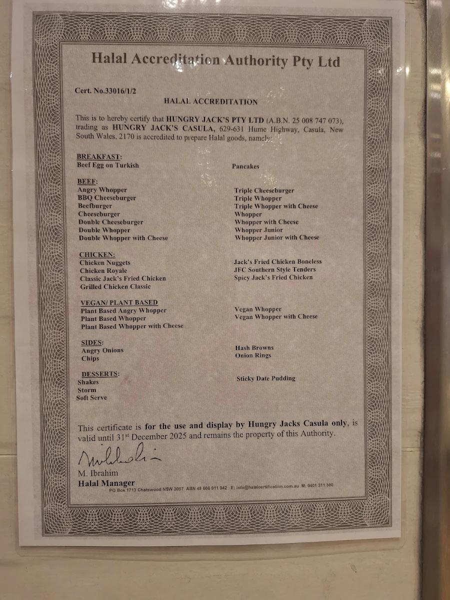 Menu, Hungry Jack's Burgers Casula