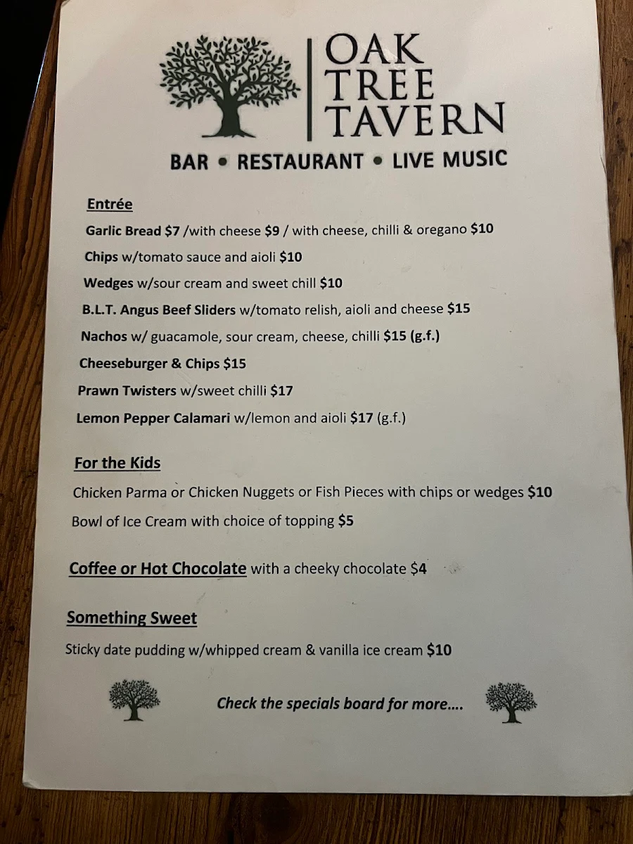Menu, Oak Tree Tavern