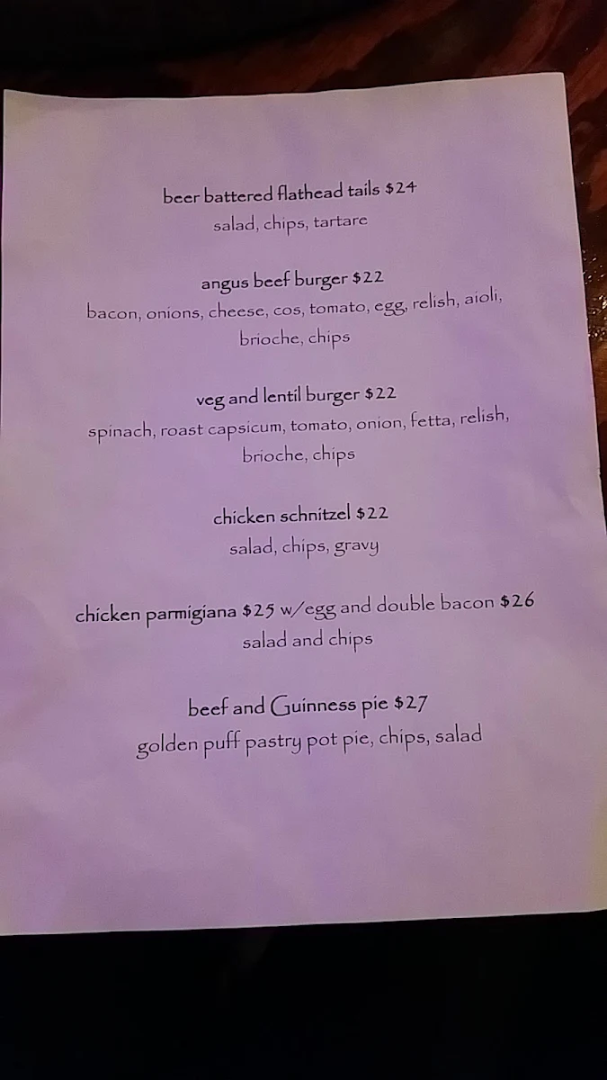 Menu, Oak Tree Tavern