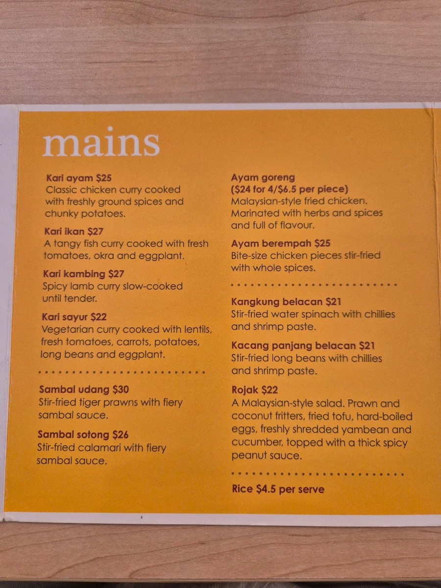 Menu, Mamak Brisbane