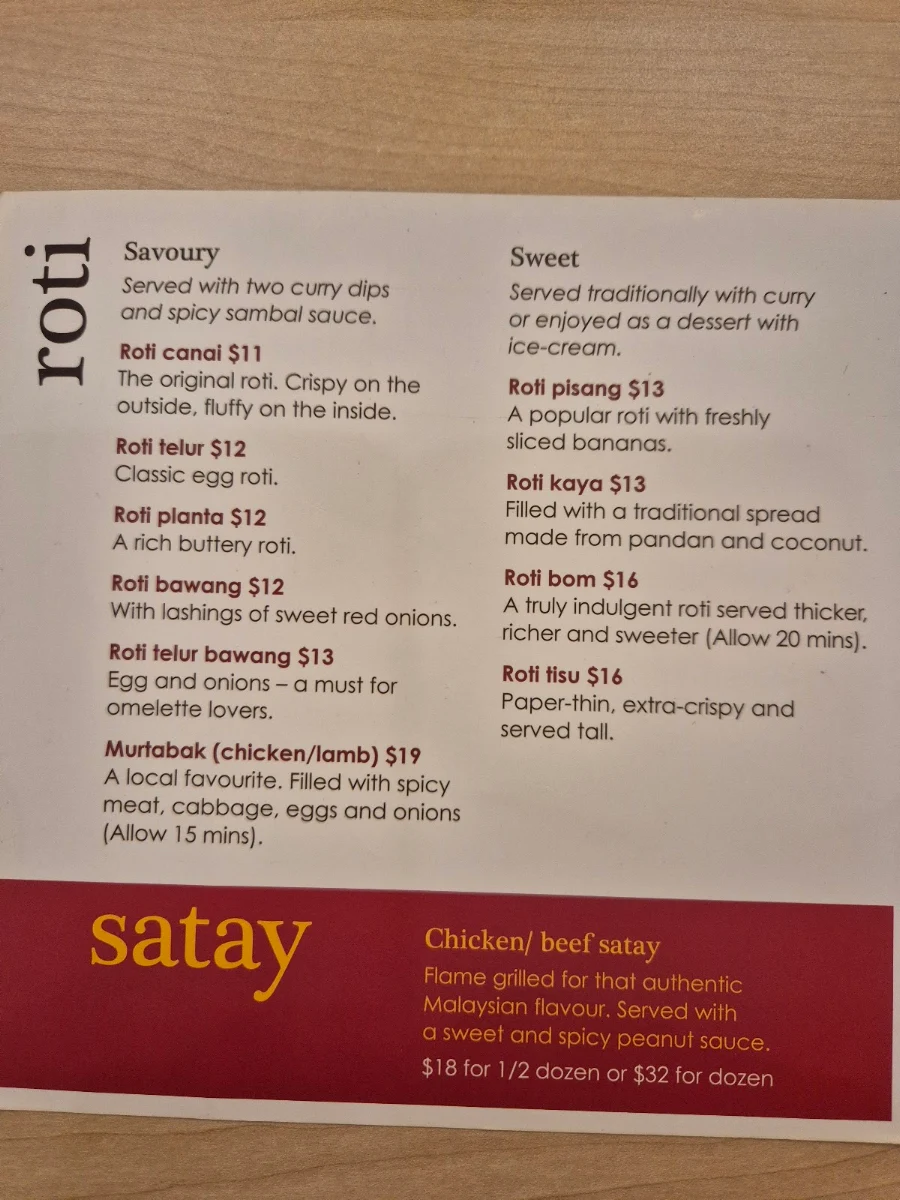 Menu, Mamak Brisbane