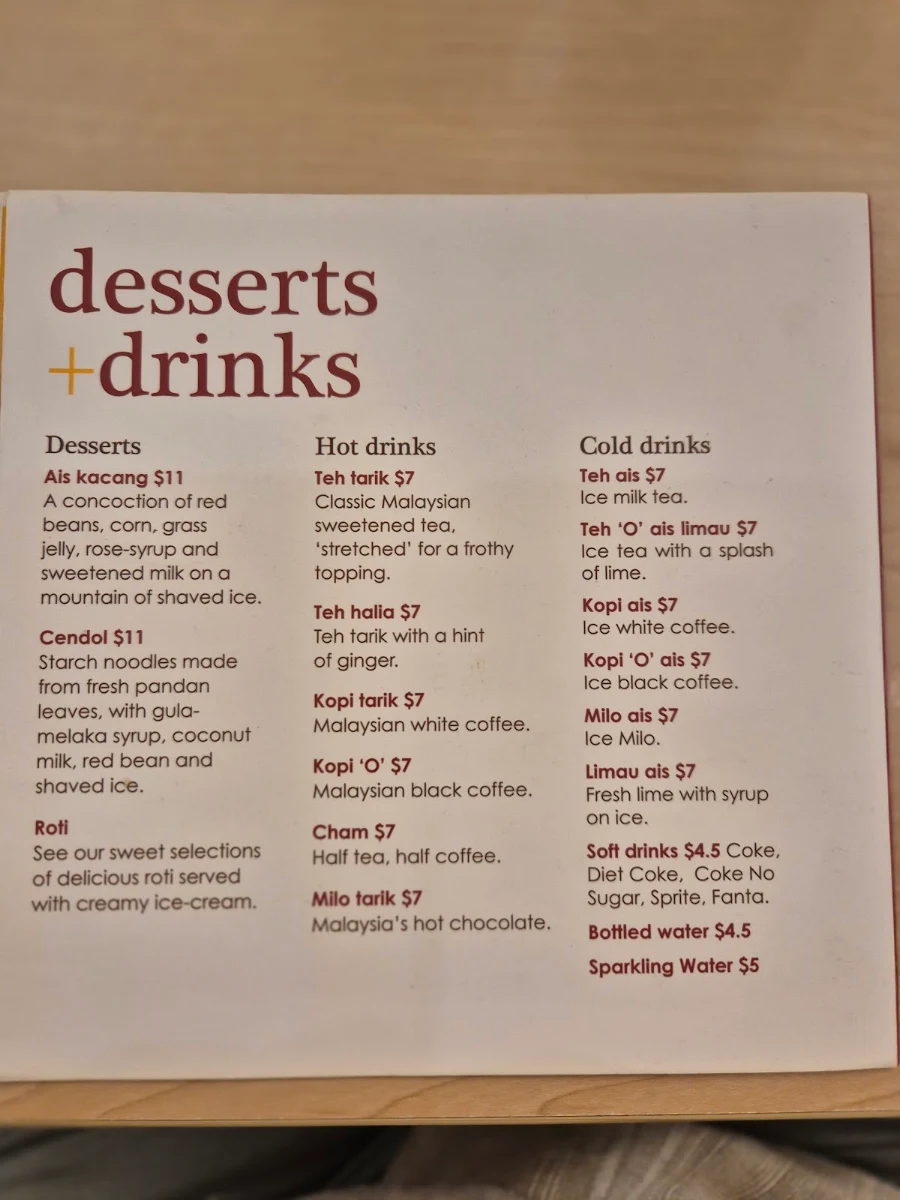 Menu, Mamak Brisbane