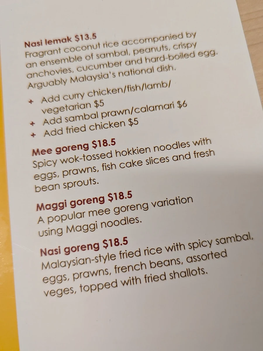 Menu, Mamak Brisbane