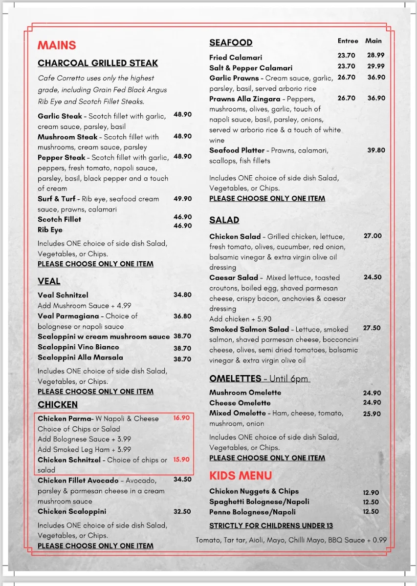 Menu, Café Corretto – Italian Restaurant