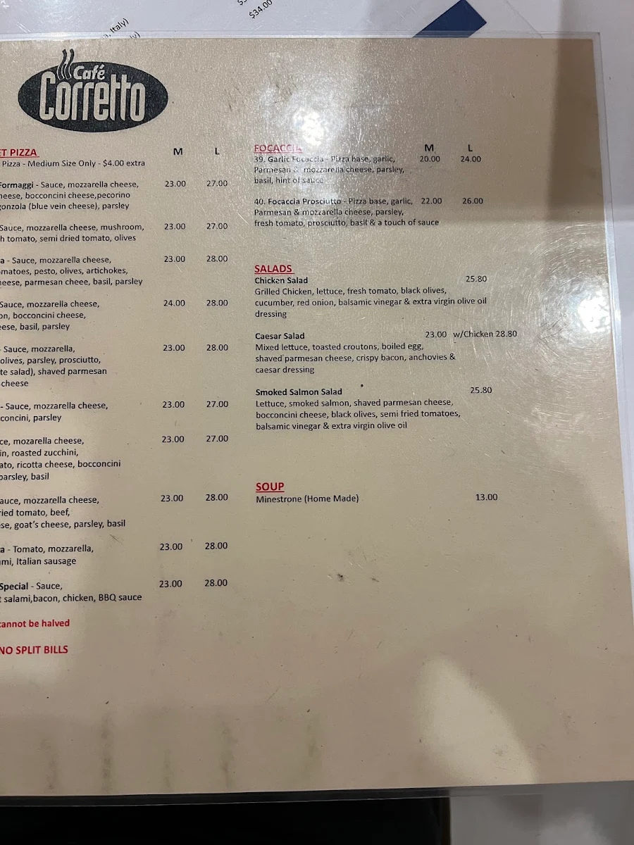 Menu, Café Corretto – Italian Restaurant