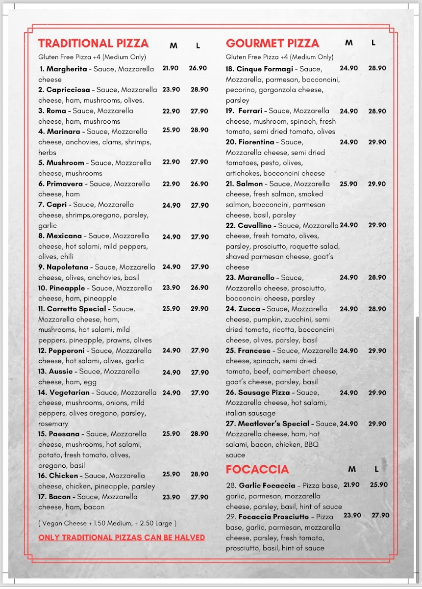 Menu, Café Corretto – Italian Restaurant