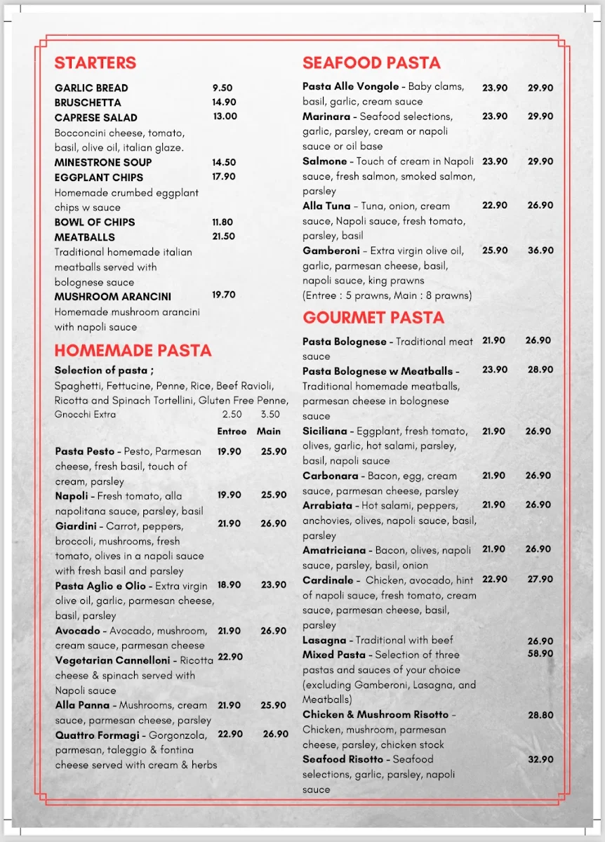 Menu, Café Corretto – Italian Restaurant