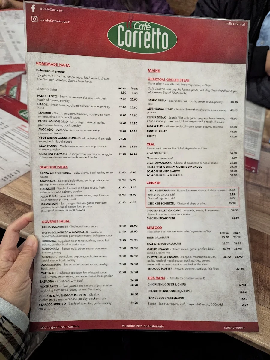 Menu, Café Corretto – Italian Restaurant