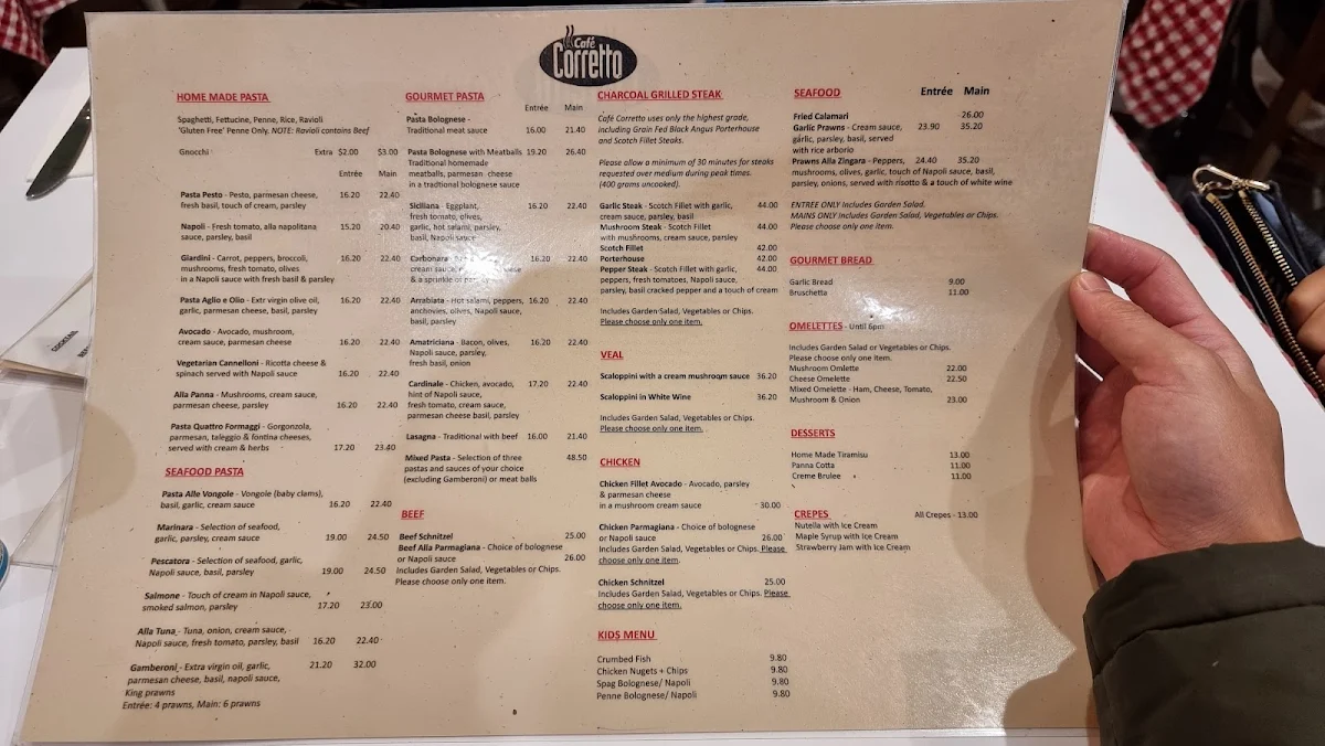 Menu, Café Corretto – Italian Restaurant