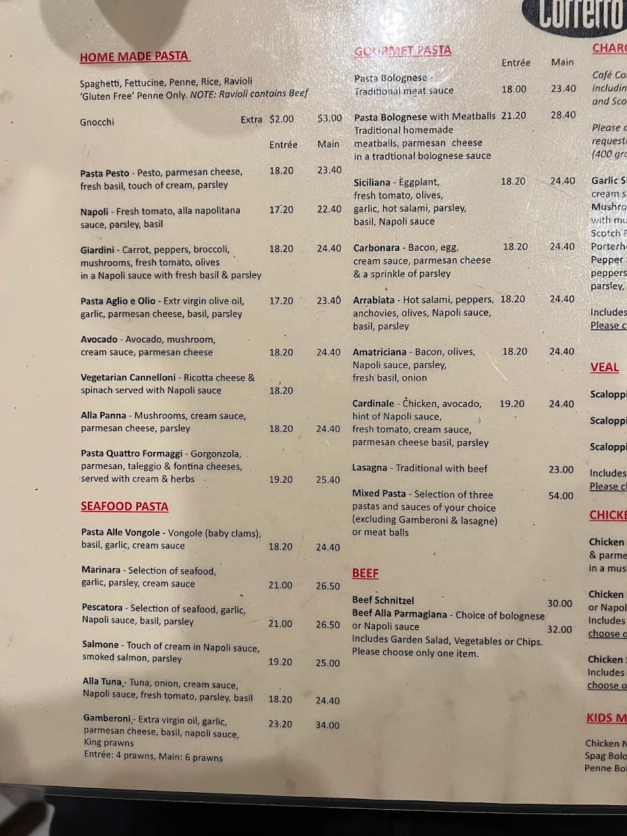 Menu, Café Corretto – Italian Restaurant