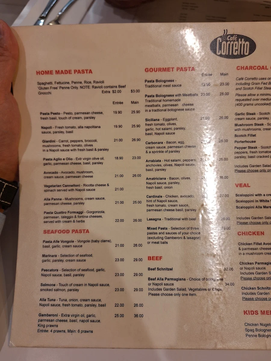 Menu, Café Corretto – Italian Restaurant