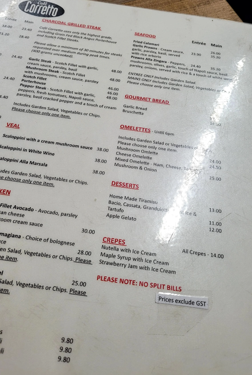 Menu, Café Corretto – Italian Restaurant
