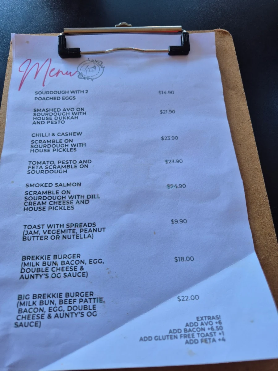 Menu, Aunty Paul's Cafe Bar