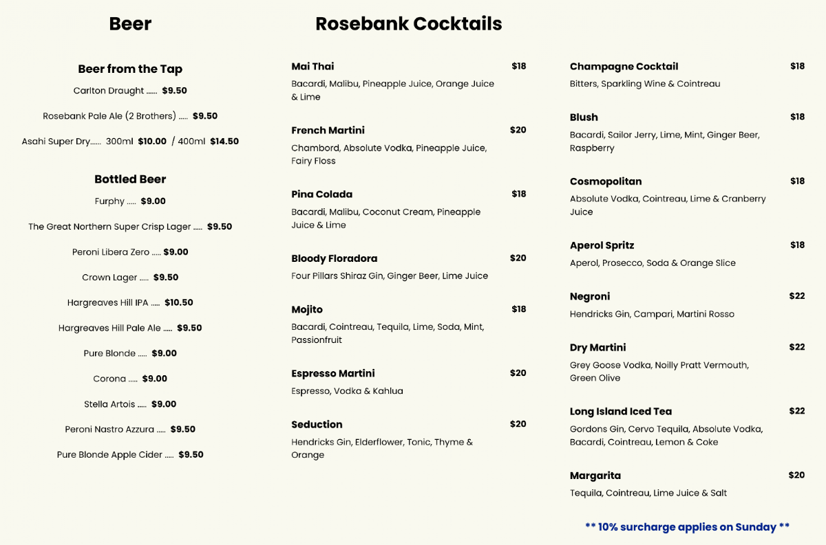 Menu, Rosebank North