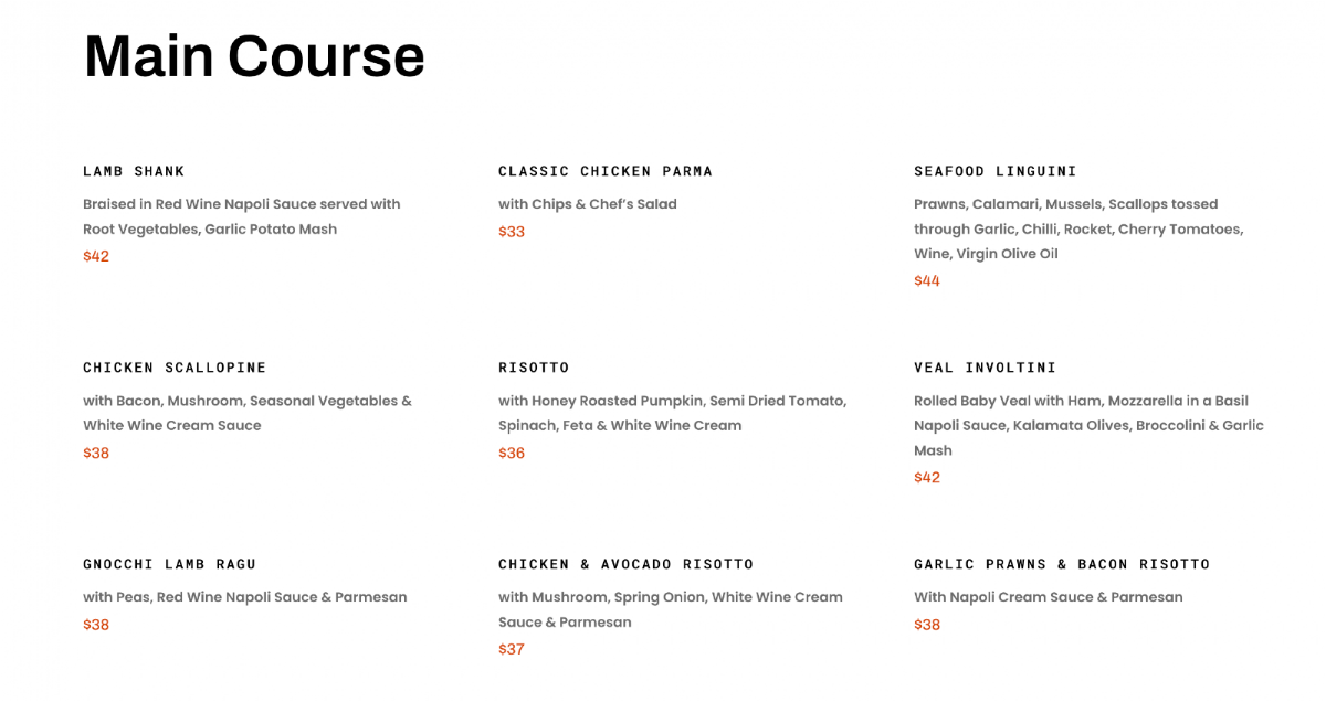 Menu, Rosebank North