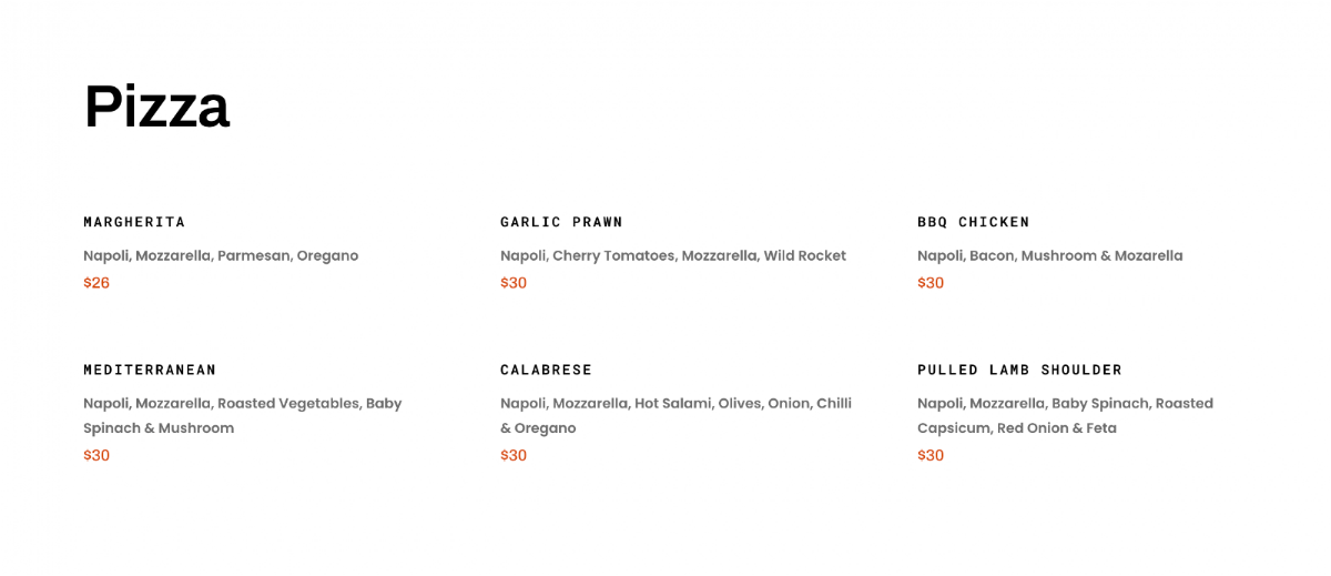 Menu, Rosebank North