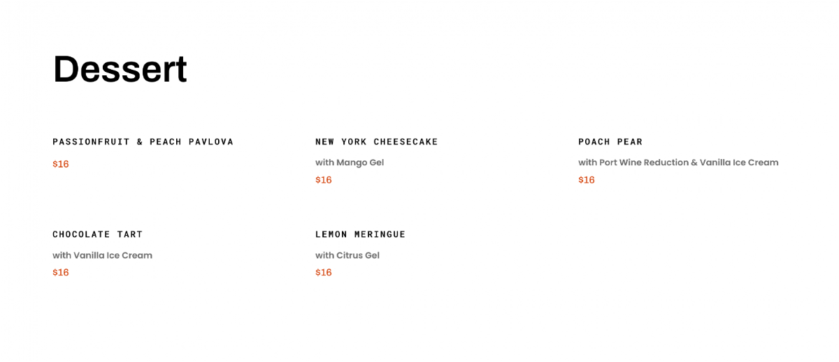 Menu, Rosebank North