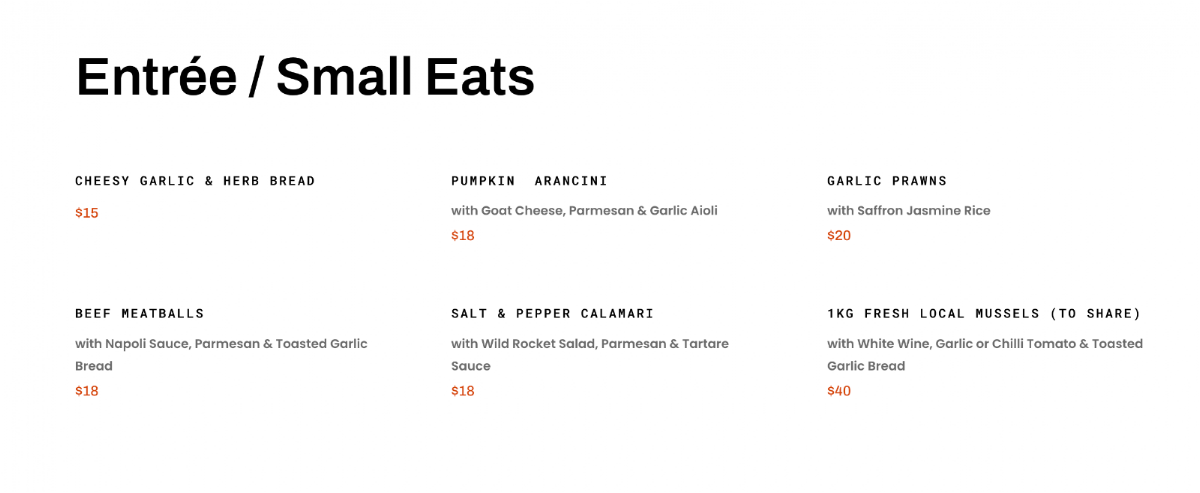 Menu, Rosebank North