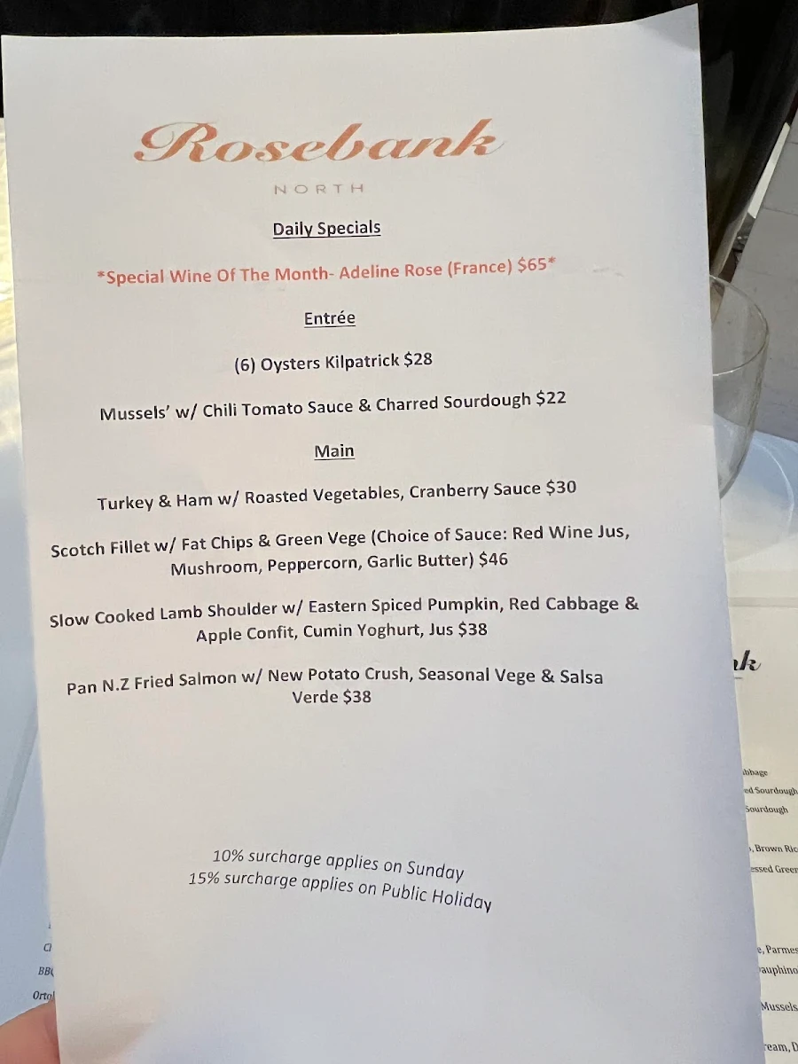 Menu, Rosebank North