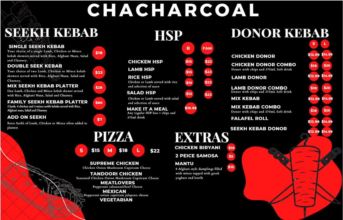 Menu, Cha Charcoal Grill
