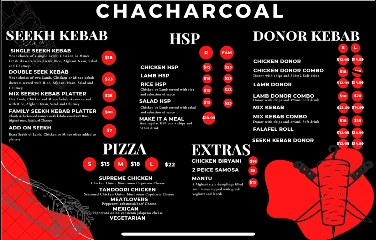 Menu, Cha Charcoal Grill