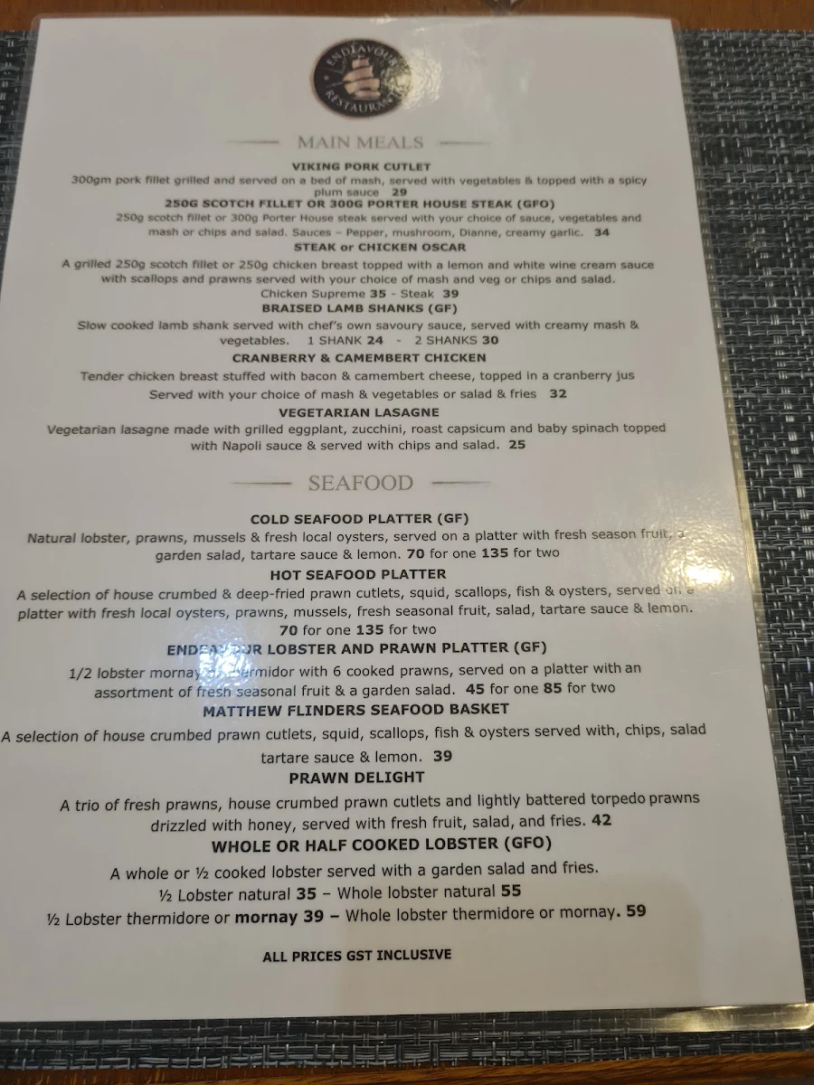 Menu, Endeavour Restaurant