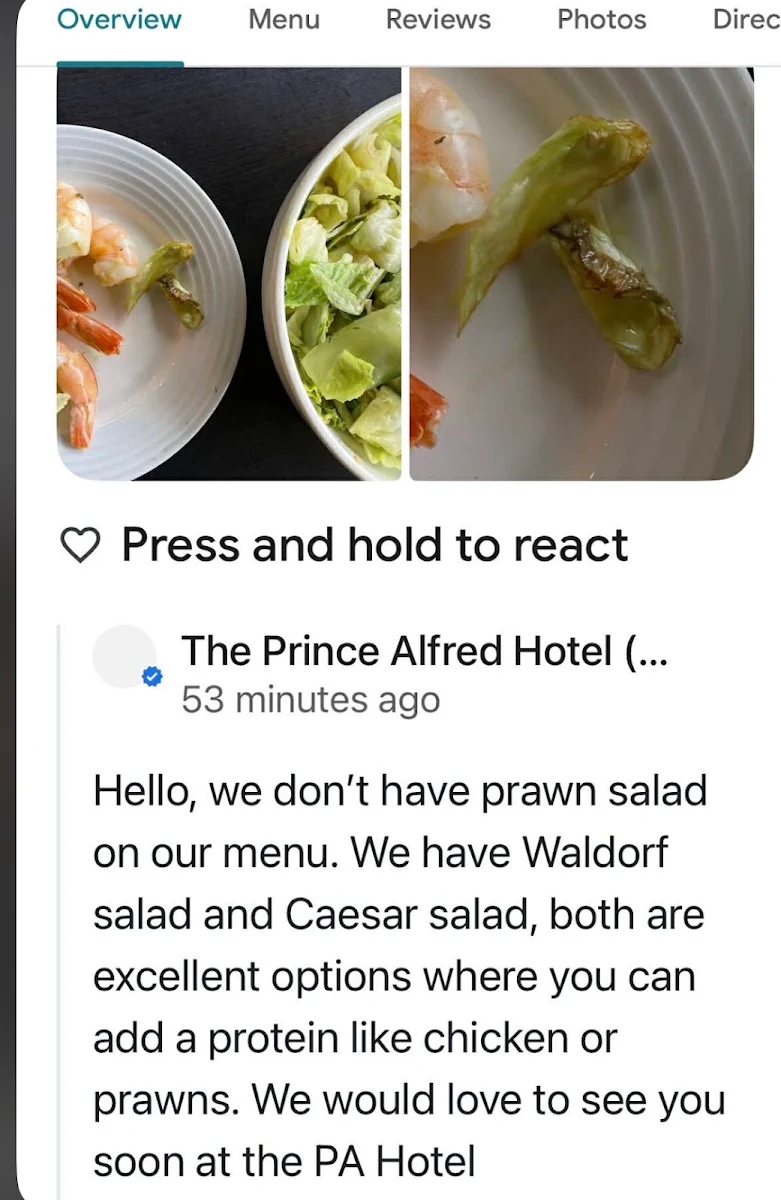 Menu, The Prince Alfred Hotel