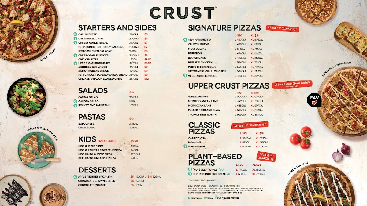 Menu, Crust pizza bar Melbourne CBD
